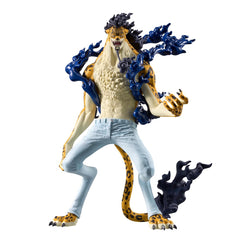 Banpresto Rob Lucci Awakening figure on display shelf highlighting dynamic pose and collectible value