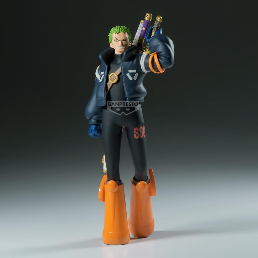 Banpresto Zoro Egghead version Shukko figure on a stand ideal for collection showcases