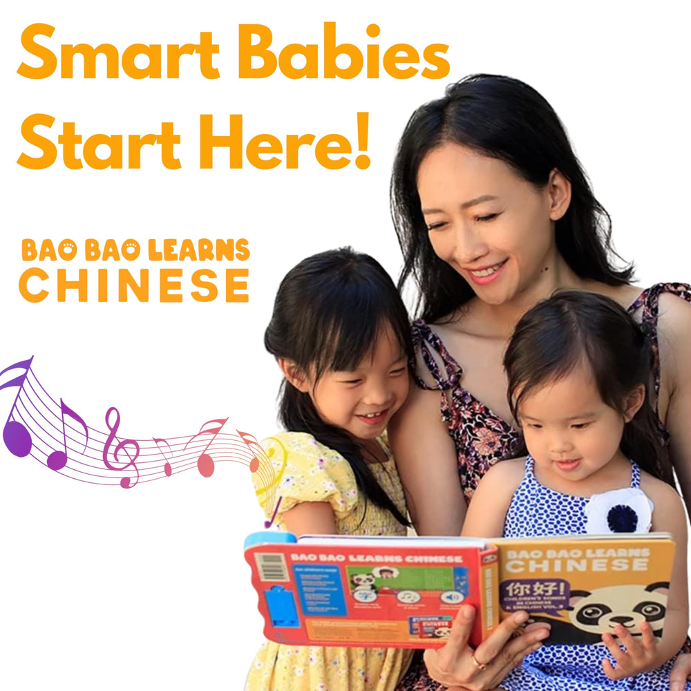 Interior pages of Bao Bao Learns Chinese Vol. 3 show bilingual text for early literacy