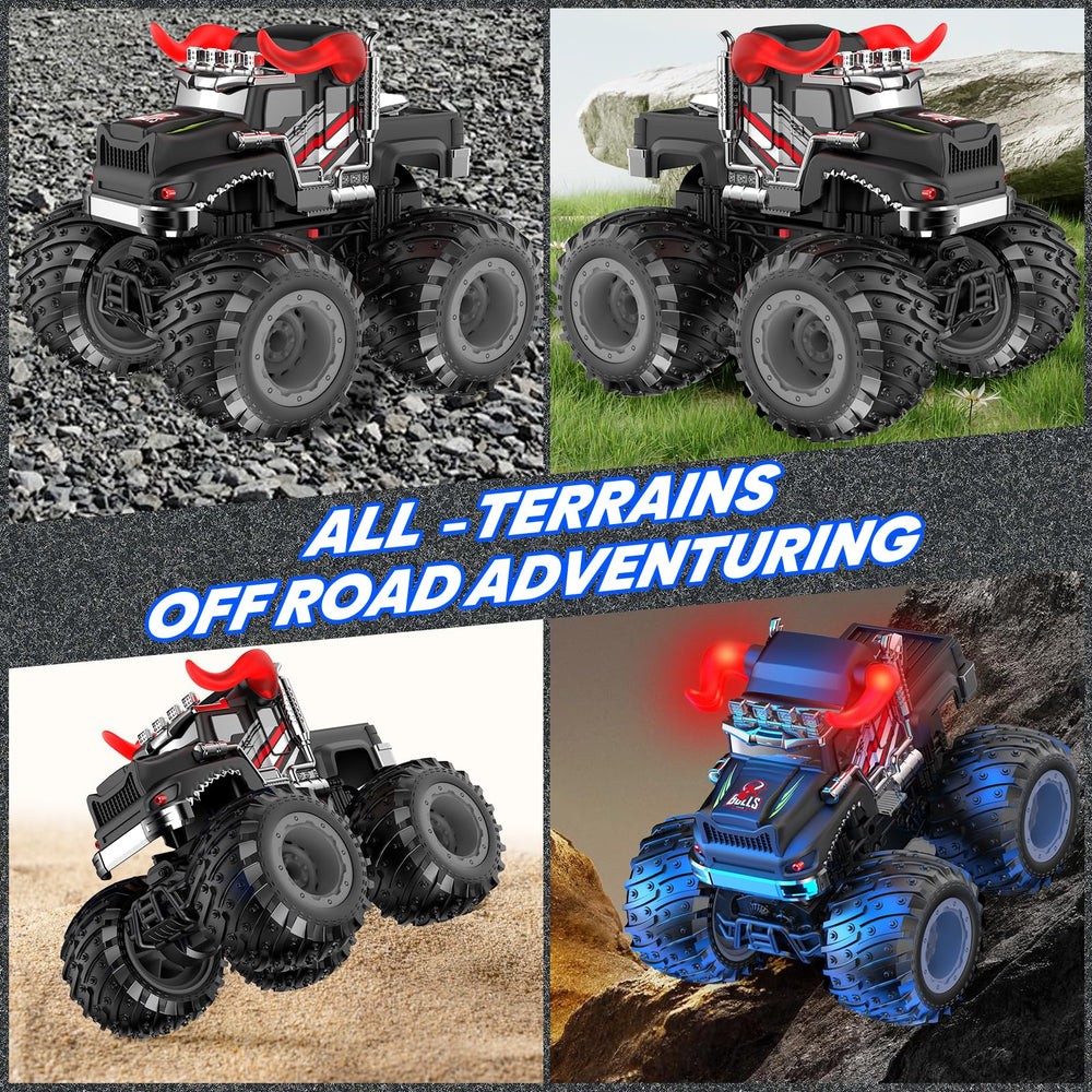 BAODLON all-terrain bull monster truck with durable tires conquering grass and sand.