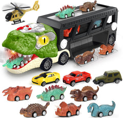 BAODLON dinosaur transport truck with 10 mini cars for imaginative play and organization.