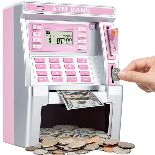 BAODLON pink piggy bank with debit card area for secure deposits.