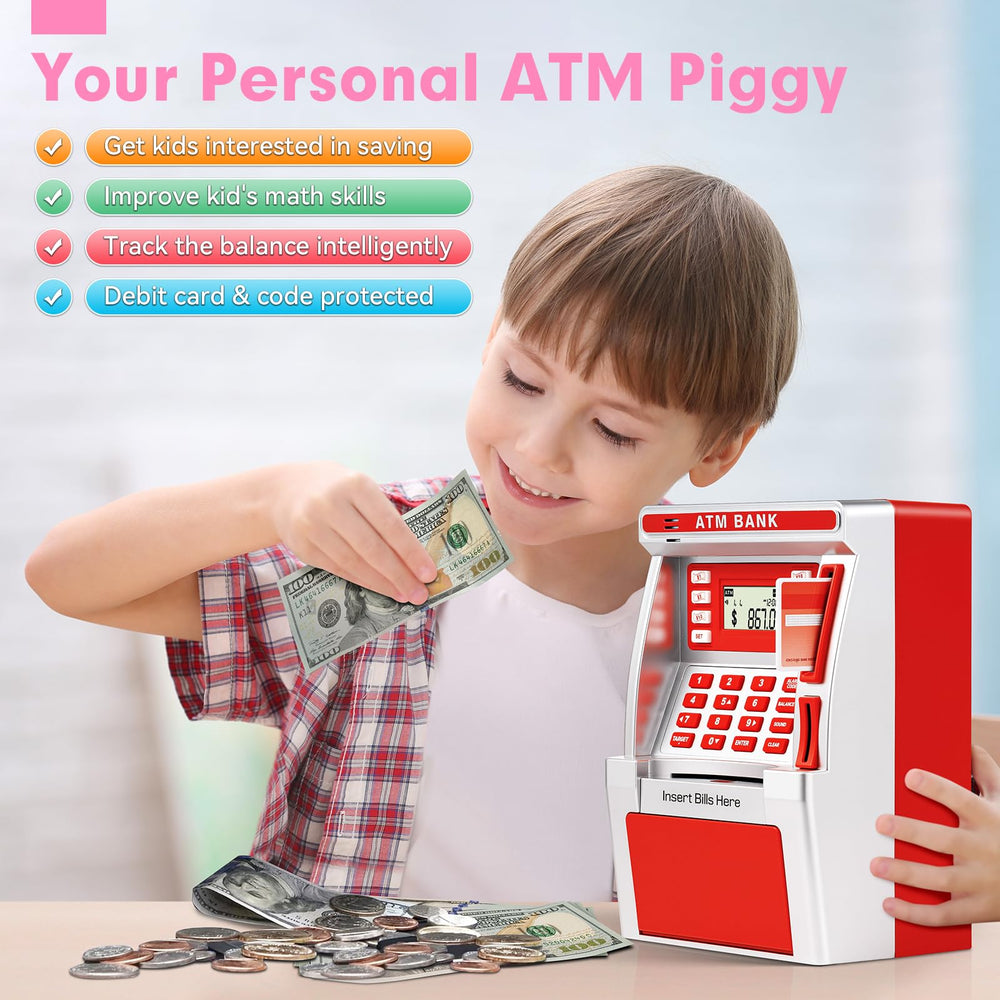 BAODLON red piggy bank features an LCD display for balance.