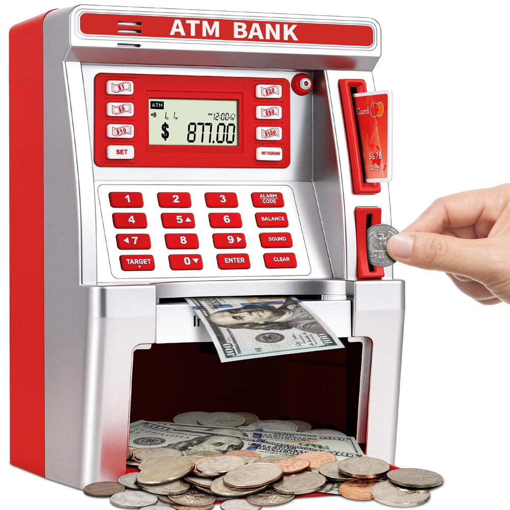 BAODLON red piggy bank with debit card shows live balance for kids.