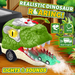 BAODLON T-Rex dinosaur truck with lights and spray for storytelling adventures.