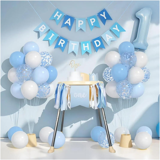 Bapukzy first birthday blue high chair banner enhances photo moments.