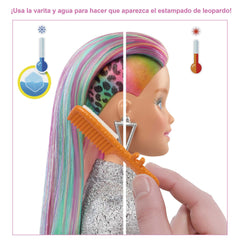 Barbie Leopard Rainbow Hair with 16 styling pieces for mix-and-match outfits.