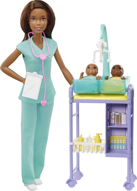 Barbie Baby Doctor doll in scrubs with stethoscope ready to care.