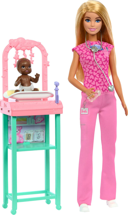 Barbie Baby Doctor exam table with stars overhead supports imaginative care.