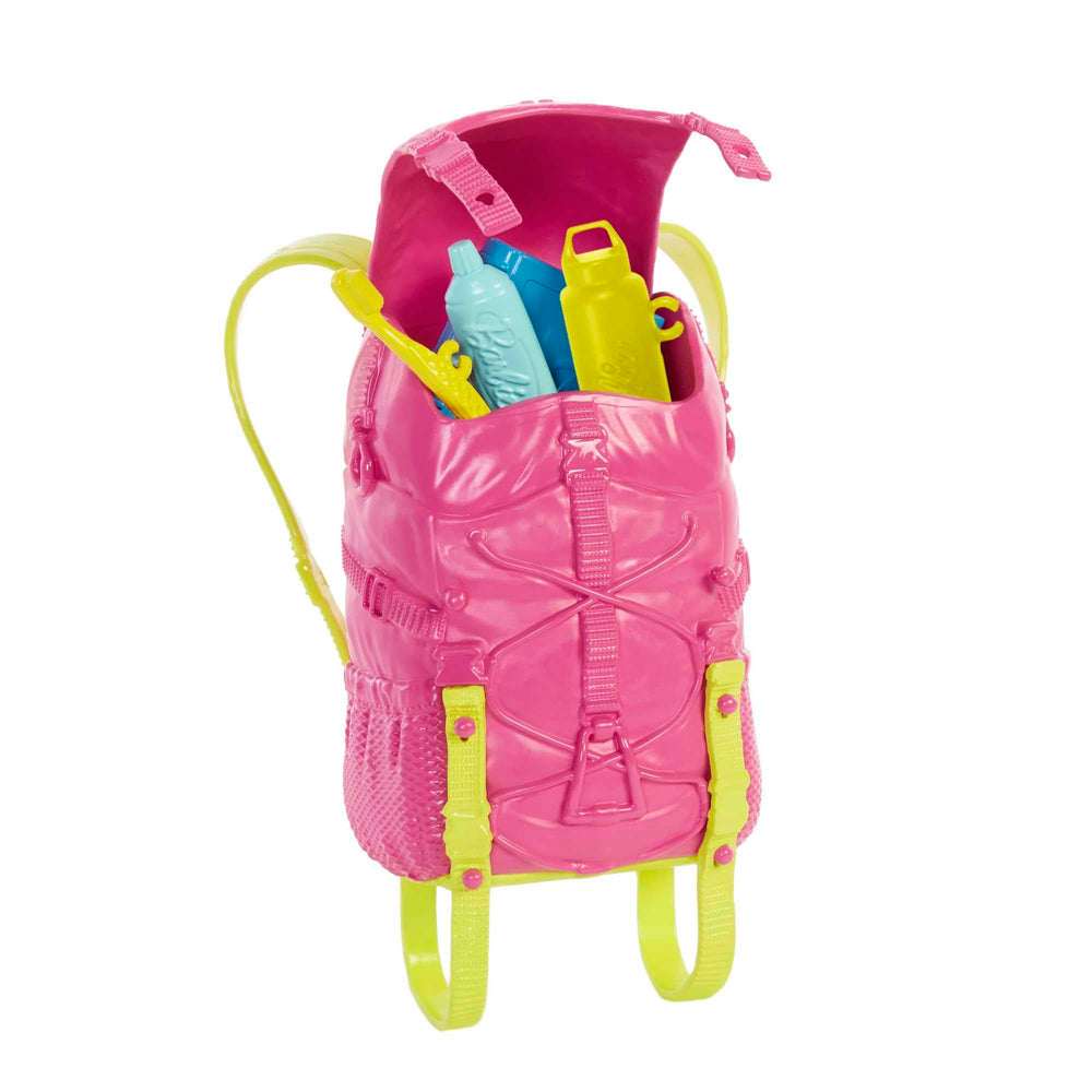 Barbie Brooklyn camping backpack opens to store gear