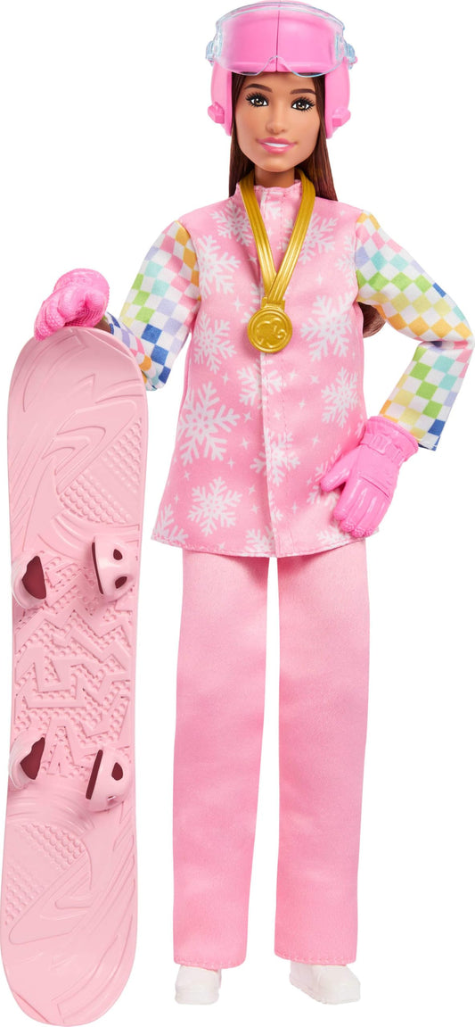 Barbie Careers snowboarder doll in pink jacket for imaginative winter play.