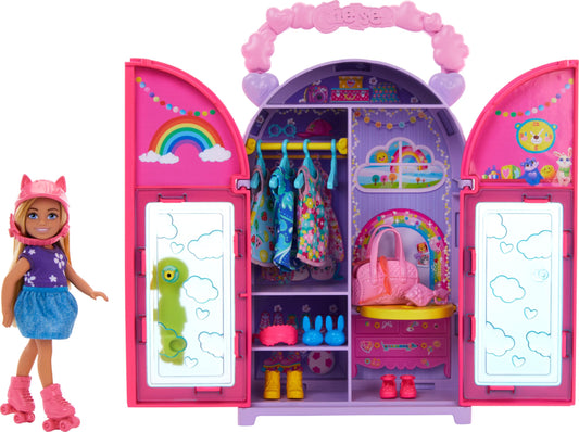 Barbie Chelsea closet playset open, compact wardrobe for on-the-go play.