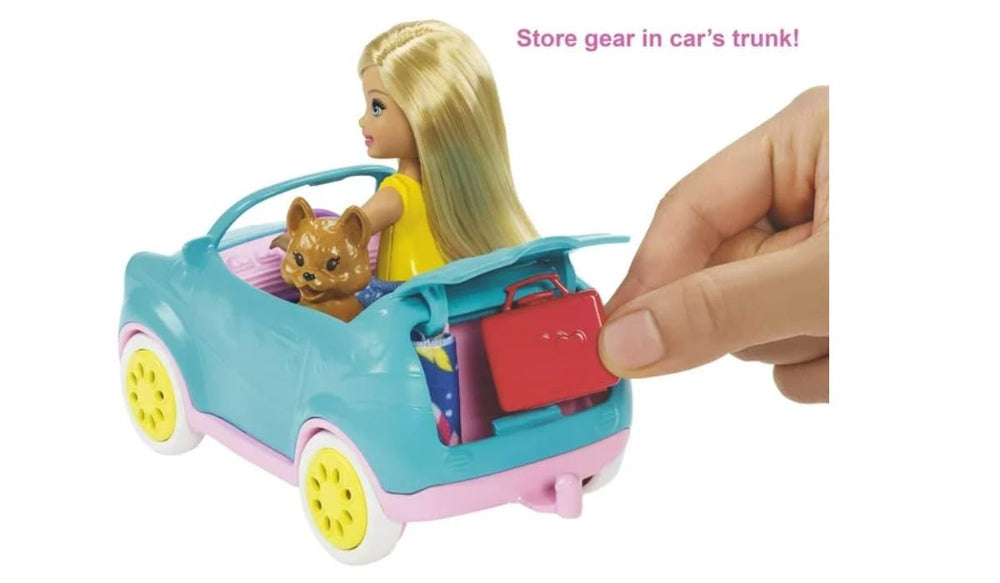 Fifteen fashion accessories and outfits for Chelsea doll in camper setting