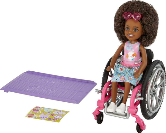 Barbie Chelsea doll in wheelchair with moving wheels for inclusive pretend play