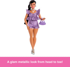 Barbie Deluxe Style Doll beaded purse and silver heels complete chic looks.
