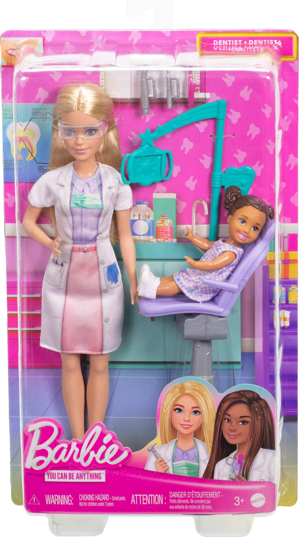 Barbie Dentist toothbrush and toothpaste support realistic oral care play.