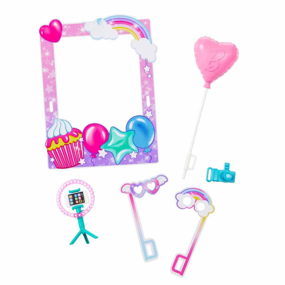 Barbie dress and hair detail emphasizes colorful party styling.