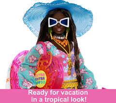Barbie Extra Fly with heart-shaped beach bag and passport for imaginative trips.