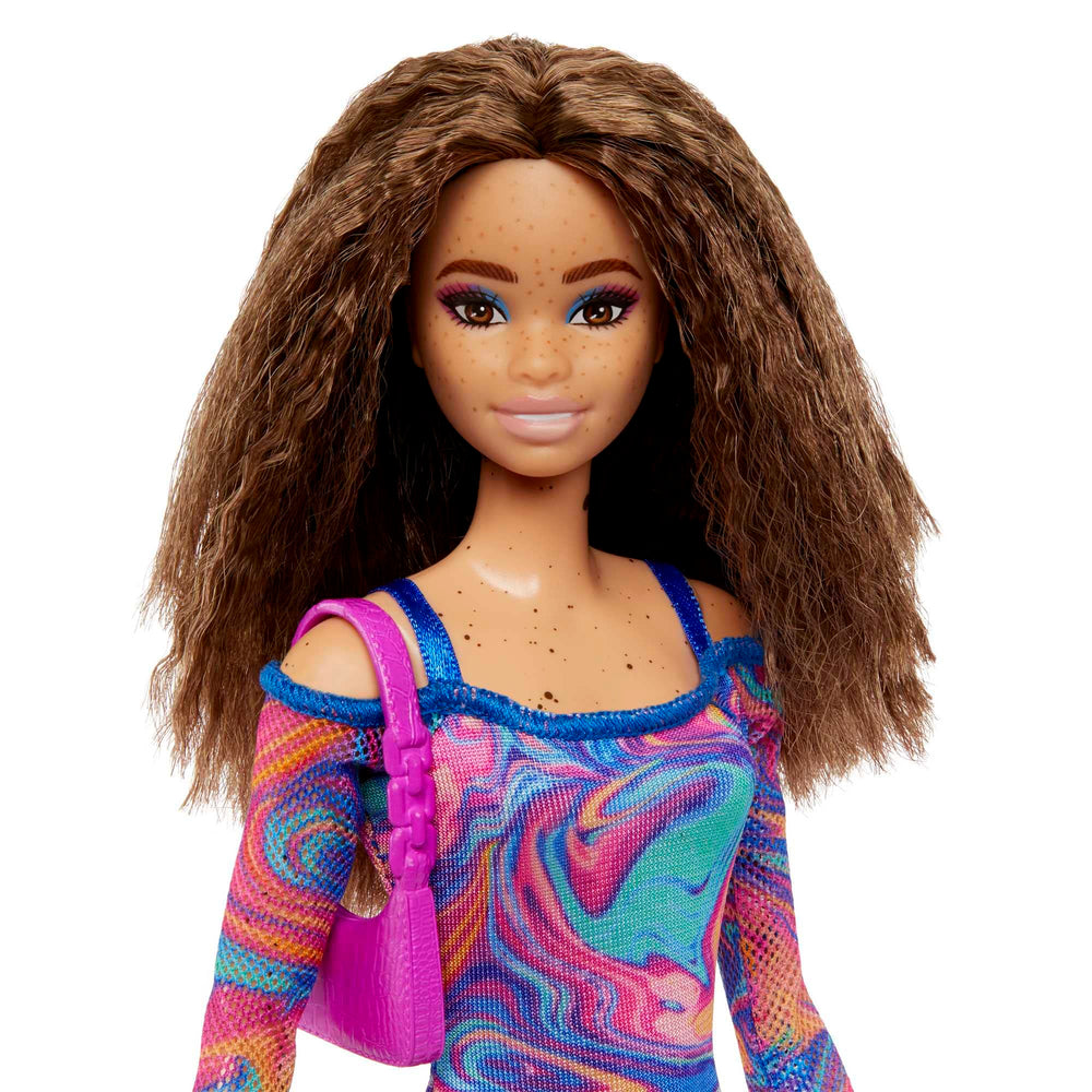 Barbie Fashionistas dress rainbow marble print adds bold color for creative outfits.