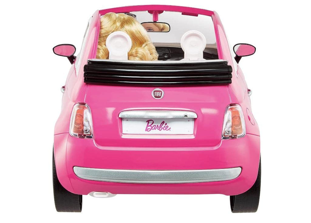 Barbie Fiat 500 car wheels work, ideal for pushing during pretend travel.