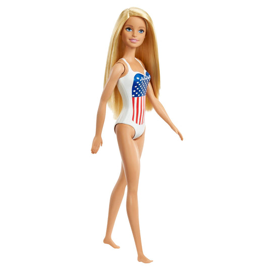 Barbie GPB17 beach blonde doll in USA flag swimsuit for summer play
