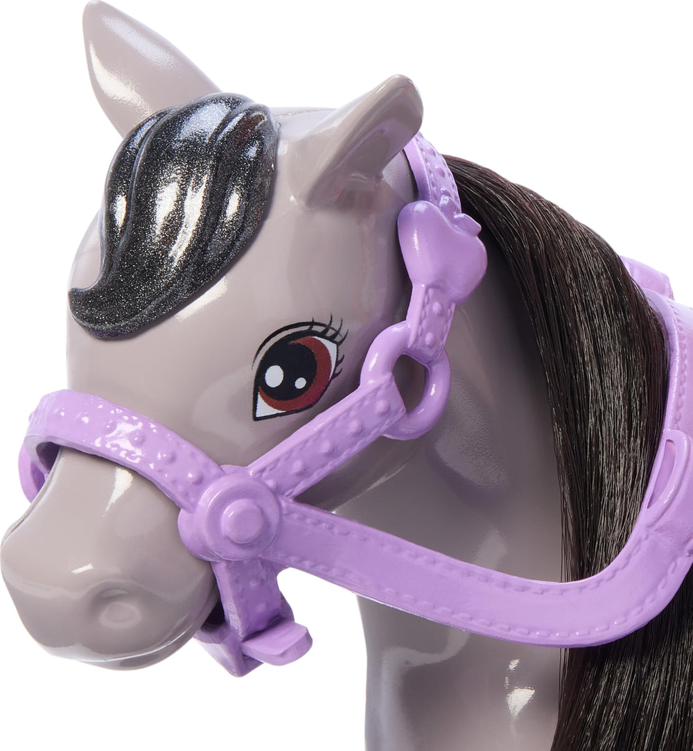 Barbie gray pony with a soft mane and tail for gentle play.