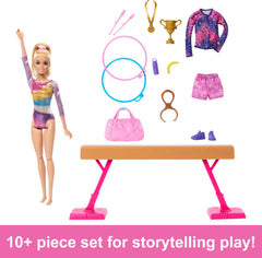 Barbie Gymnastics Doll on balance beam for creative floor routines and practice.