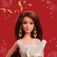 Barbie JBH97 Holiday Barbie gold-silver weave dress supports imaginative storytelling