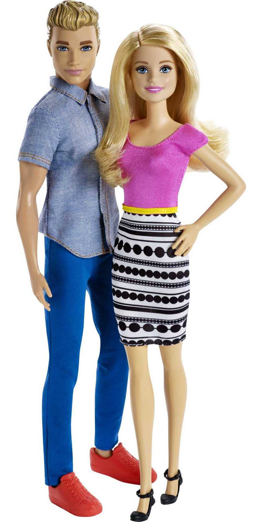 Barbie and Ken 2-pack dolls with blonde hair in bright outfits for creative play.