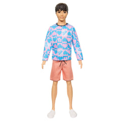 Barbie Ken Doll 219 slender body wearing long-sleeve pink-blue shirt for versatile styling