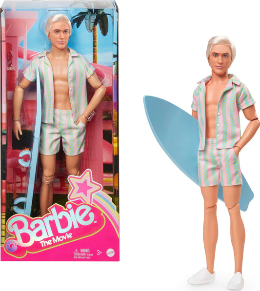Barbie Ken doll in pastel pink and mint stripes, ready for beach play and display.