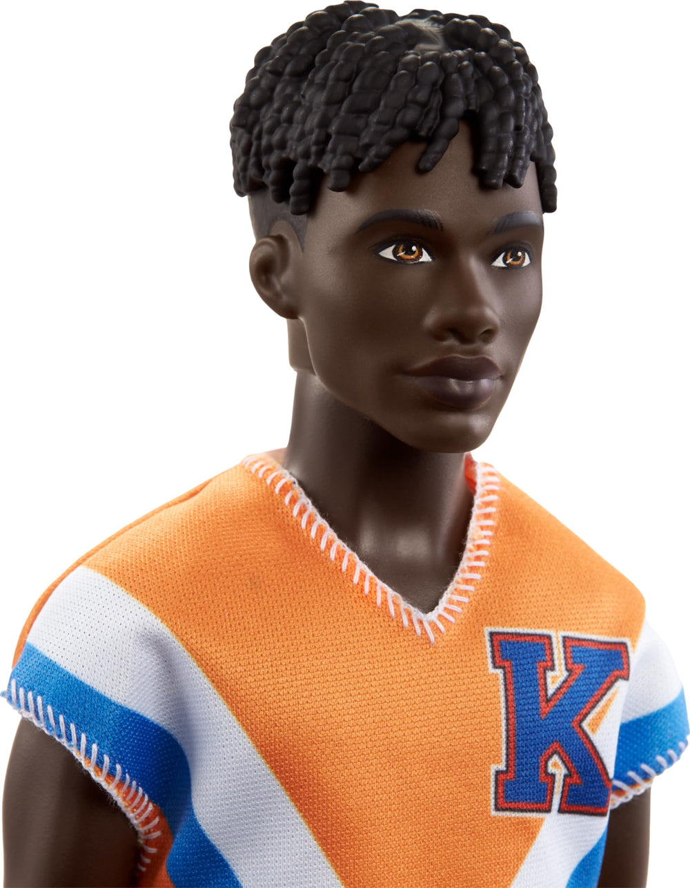 Barbie Ken Fashionistas orange jersey close-up shows sporty styling for storytelling.