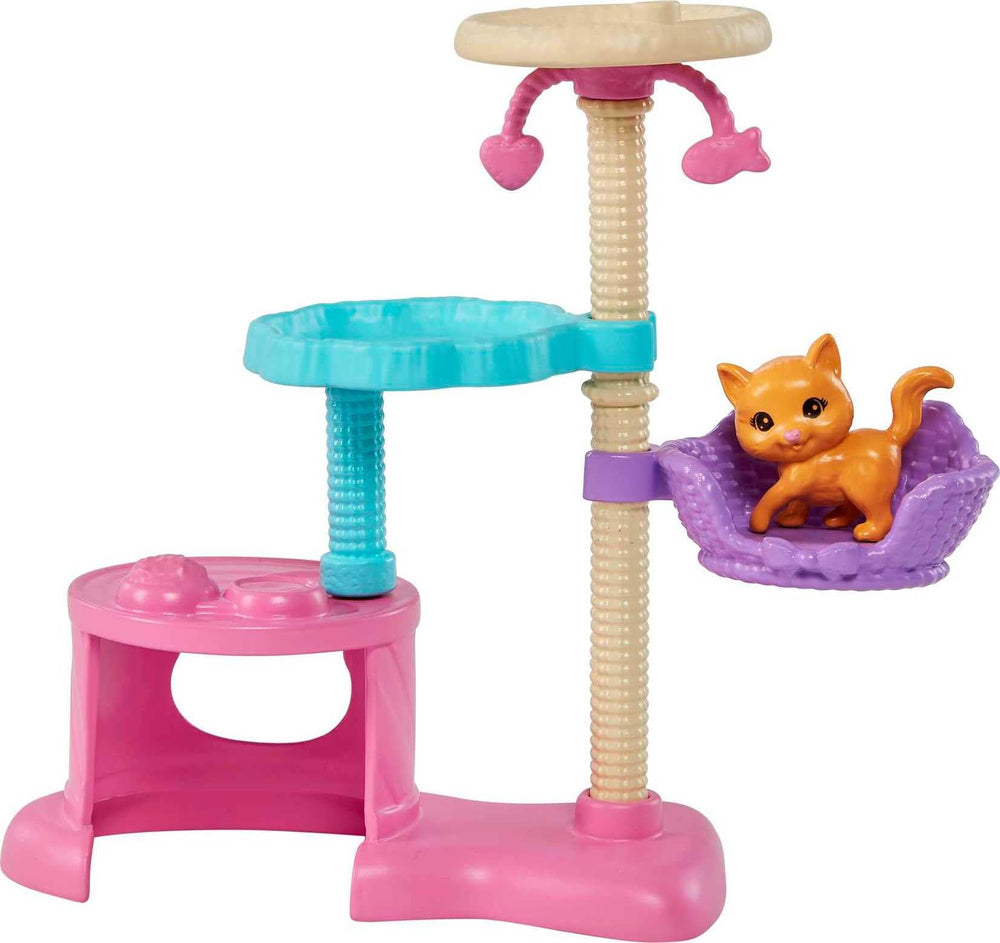 Barbie Kitty Condo teaser toy clips to Barbie’s hand for extra play.