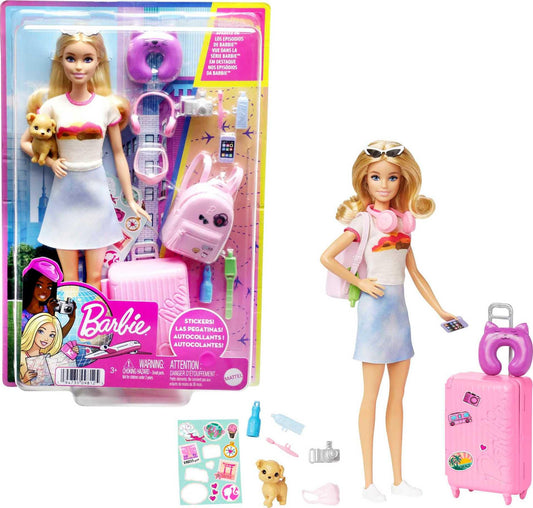 Barbie Malibu travel set doll with puppy ready for imaginative adventures