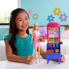 Barbie market play accessories including basket, crate, and scanner for realistic shopping