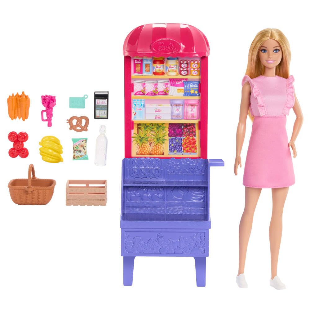 Barbie Malibu market assortment: apples, chips, and pretzel for varied tastings