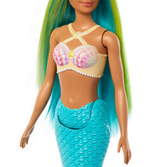 Barbie mermaid doll two-tone blue and yellow hair enhances fantasy play.