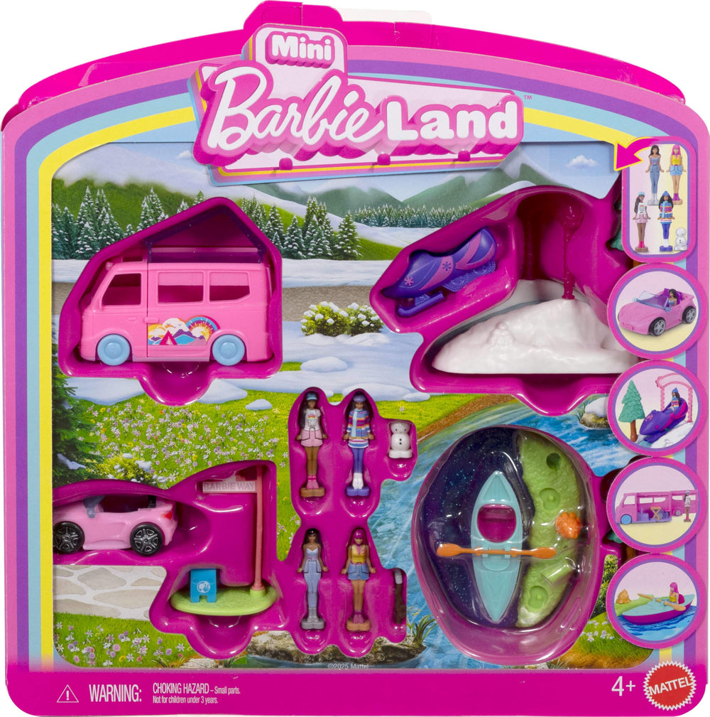 Barbie Mini BarbieLand 4-Pack showing colorful convertible, dream camper, snowmobile, and kayak for mini adventures.
