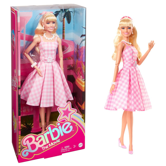 Barbie The Movie doll in pink gingham dress ready for display and collection