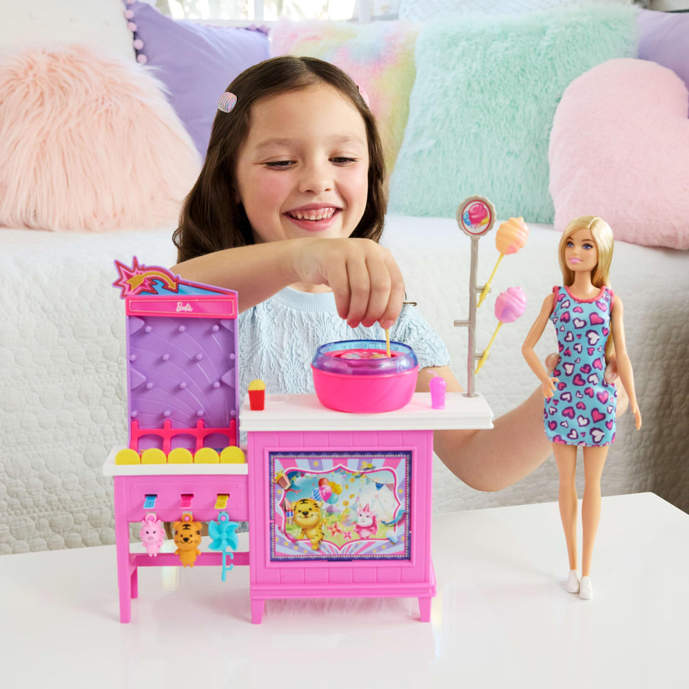 Barbie Mysteries game booth with prizes invites kids to pretend winning moments