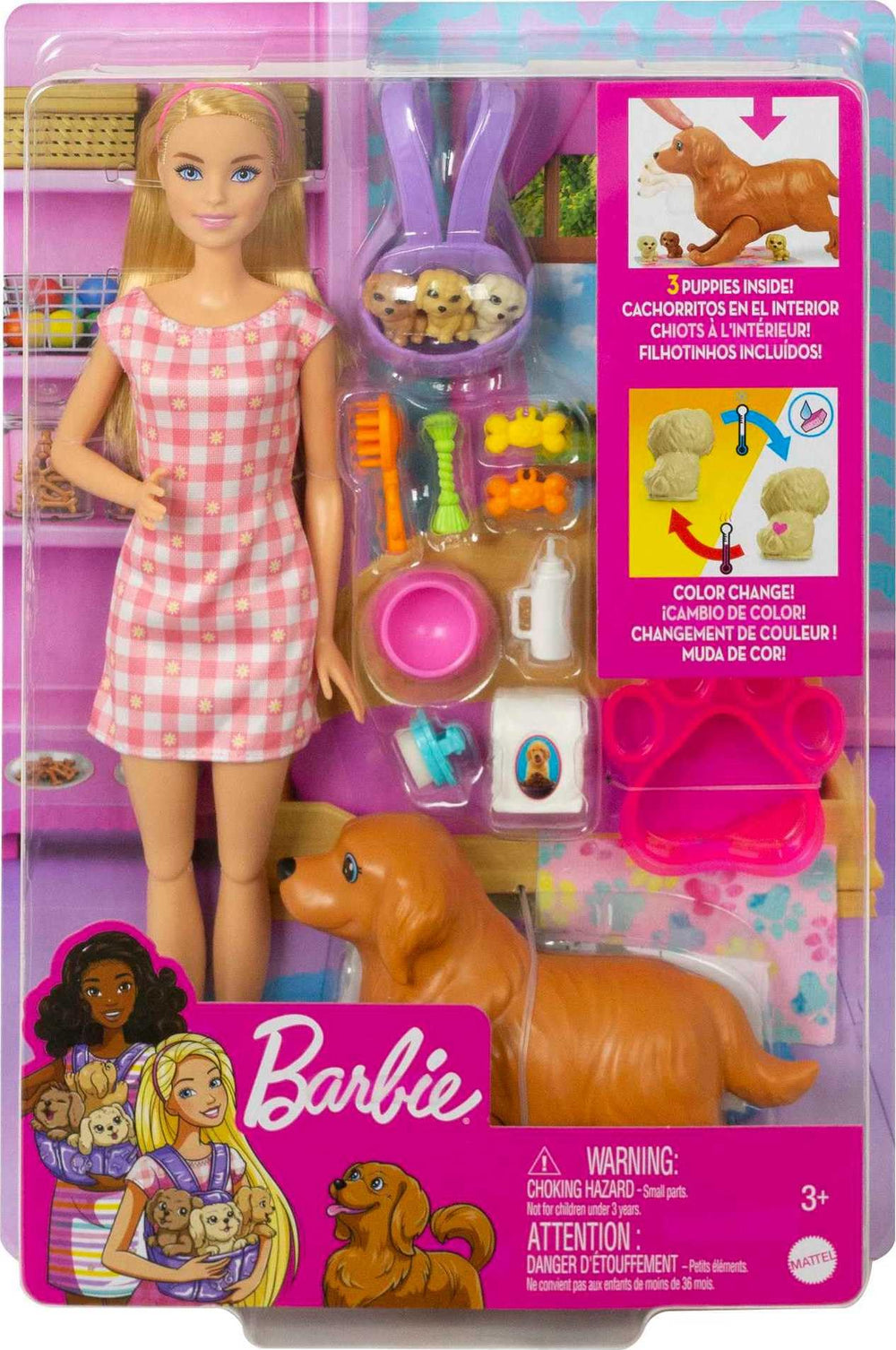 Barbie Newborn Pups carrier and accessories ready for storytelling adventures.
