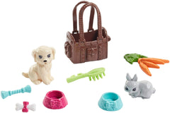 Barbie pet care set includes bowls, carrots, bone, rope for role-play.