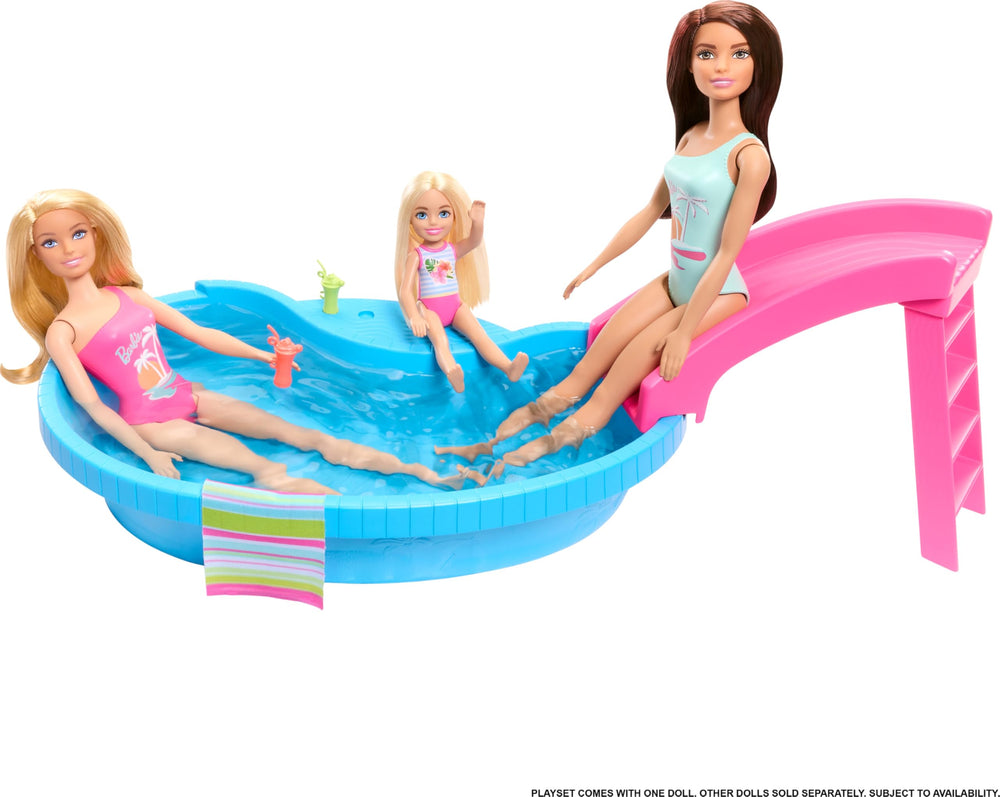 Barbie pool playset ladder highlights easy climbing for imaginative scenes.