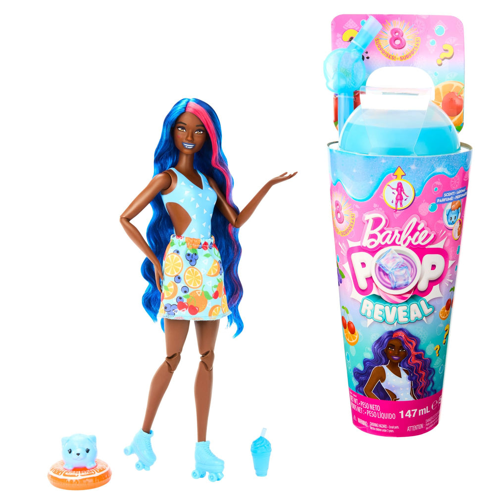 Barbie Pop Reveal doll with blue hair and fruit-punch scent for imaginative play.