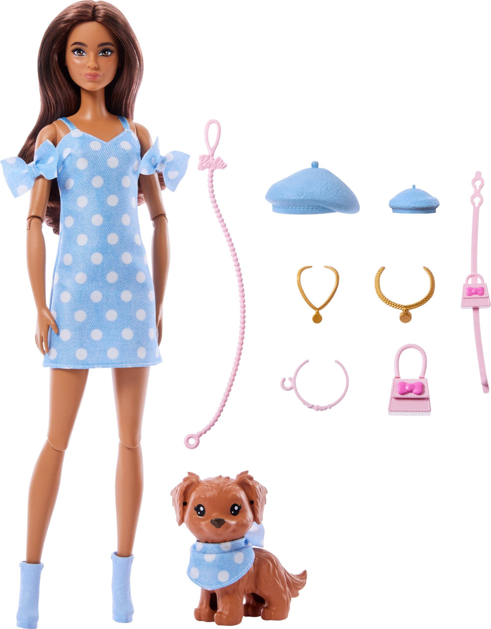 Puppy wears pink collar and leash for coordinated play