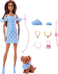 Puppy wears pink collar and leash for coordinated play