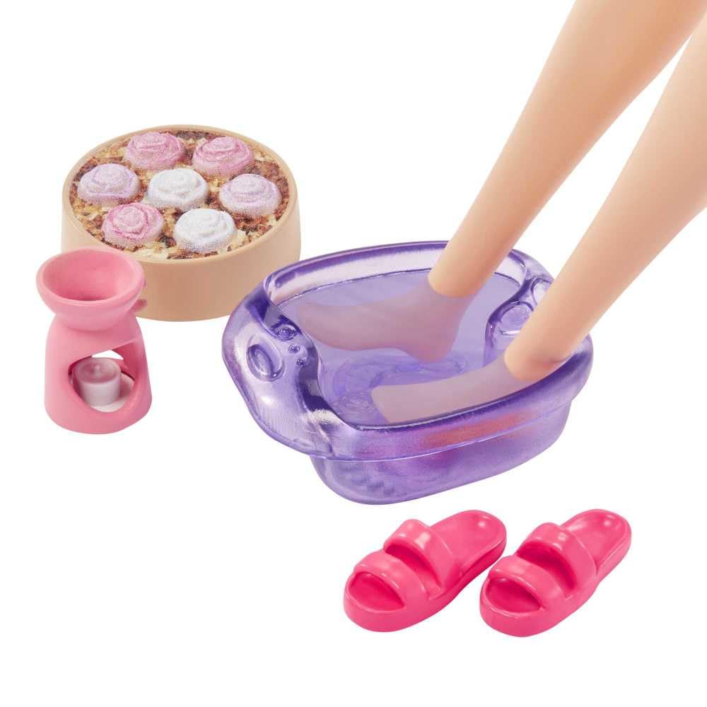 Barbie puppy with pink eye mask adds nurturing friendship during stories.