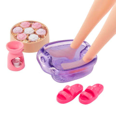 Barbie puppy with pink eye mask adds nurturing friendship during stories.