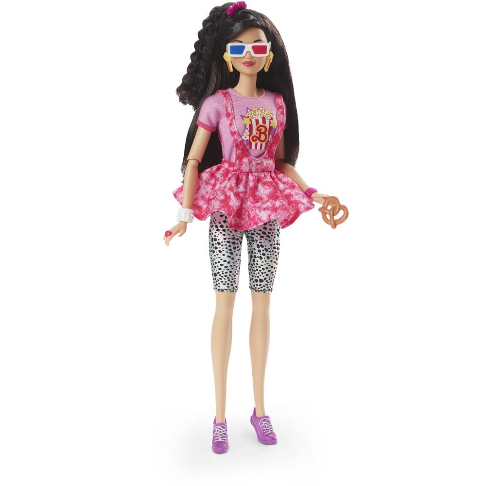Barbie Rewind doll with black hair in movie-night outfit for nostalgic display and collection.