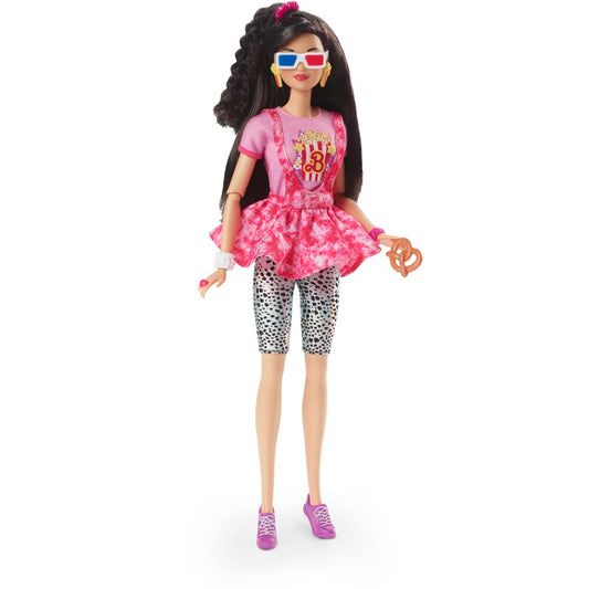 Barbie Rewind doll with black hair in movie-night outfit for nostalgic display and collection.